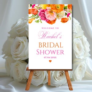 Bridal Shower Welcome Sign Template Pink and Orange Flower Roses Hot Pink Vibrant Floral Bridal Shower Poster Editable Fuchsia Welcome Decor