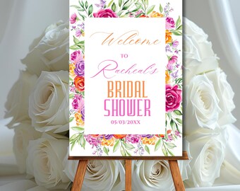 Bridal Shower Welcome Sign Template Pink and Orange Flower Roses Hot Pink Vibrant Floral Bridal Shower Poster Editable Fuchsia Welcome Decor
