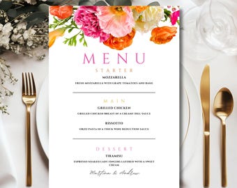 Bearbeitbare Hochzeitsmenüvorlage Pink und Orange, druckbare pinkfarbene Menükarten mit Blumen, fuchsiafarbenes Brautduschenmenü, lebendiges Geburtstagsmenü