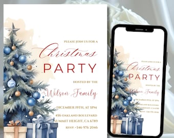 May include: Christmas party invitation featuring a watercolor design. The invitation includes a Christmas tree with blue ornaments and gift boxes. The text reads "Christmas Party" hosted by the Wilson Family. Includes date, time, and RSVP information.
