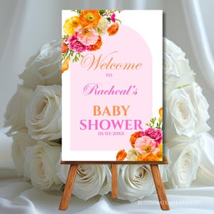 Baby Shower Welcome Sign Template Pink and Orange Flower Roses Hot Pink Vibrant Floral Baby Shower Poster Editable Fuchsia Welcome Decor
