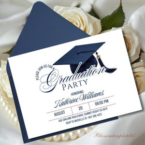 May include: A navy blue graduation party invitation with a matching envelope. The invitation features a graduation cap graphic and text that reads "Graduation Party" and "Honoring Katherine Williams". The date is August 20th at 8:00 PM.