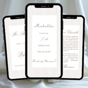 Puede incluir: Tres teléfonos inteligentes que muestran tarjetas digitales de propuesta de boda con bordes de rayas verticales. La pantalla central dice: Michelle, I CAN'T SAY I do WITHOUT YOU! WILL YOU BE MY Maid of Honour? Texto en marrón oscuro, fuente script y serif.