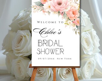Modèle de plaque de bienvenue pour la douche nuptiale Fard à joues et fleurs roses roses signalisation de bienvenue affiche florale pour la douche nuptiale décoration de bienvenue modifiable dans les tons rose