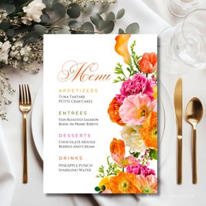 Modèle de Menu de mariage modifiable rose et orange, cartes de menu florales roses fuchsia imprimables, menu de douche nuptiale fuchsia, menu d'anniversaire dynamique