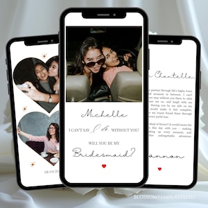 Può includere: Tre smartphone che mostrano modelli di inviti digitali. Uno presenta una foto di due donne, il testo "Michelle, non posso dire di sì senza di te! Vuoi essere la mia damigella d'onore?" Un altro mostra una foto e il testo per "Chantelle".