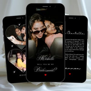 Puede incluir: Tres teléfonos inteligentes negros que muestran tarjetas digitales de propuesta para damas de honor. Las pantallas presentan fotos personales de dos personas, un elegante texto cursivo blanco y pequeños iconos de corazones rojos.