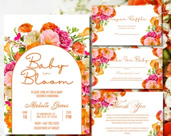 May include: Baby shower invitation and cards with floral arrangements. The invitation features the text "Baby in Bloom" in an arch design. The cards include a diaper raffle, books for baby, and thank you notes. The floral arrangements include orange, pink, and white flowers.