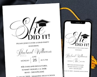 Graduation Party Invitation Template, She Did it Grad Invitation Editable, High School Graduation, Graduation Party Invite, Instant Download
