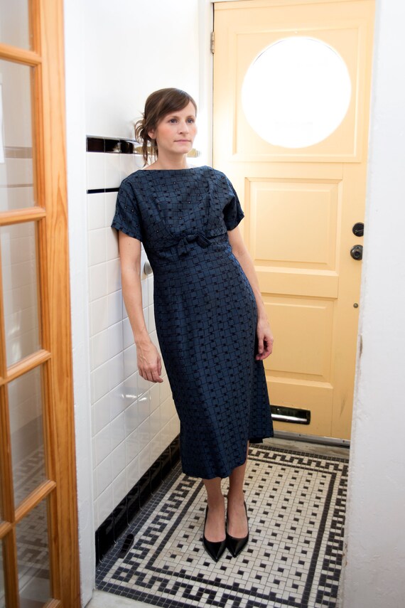 1950s Midnight Blue Eyelet Vintage Dress