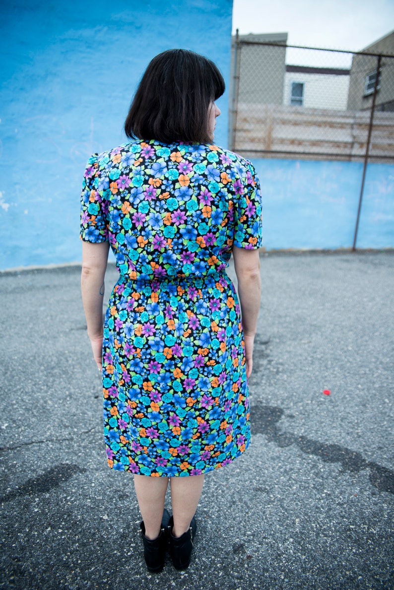 90s Fluorescent Floral Fit and Flare Dress