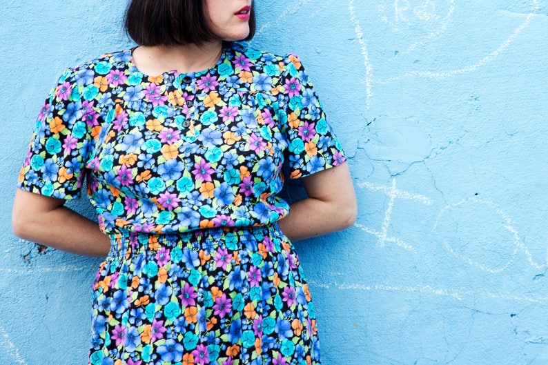 90s Fluorescent Floral Fit and Flare Dress