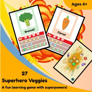 May include: A children's educational game featuring illustrated cards with cartoon vegetables. The cards include a broccoli and carrot, with the text "Broccoli" and "Carrot". The game is titled "27 Superhero Veggies" and is for ages 4+.