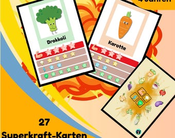 May include: Educational flashcards featuring illustrations of vegetables, including broccoli and a carrot. The cards have a rating system with stars and icons. The text on the cards reads "Brokkoli" and "Karotte". The background is a vibrant mix of orange, yellow, and blue.