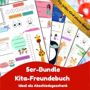 Puede incluir: Un paquete de cinco libros de actividades infantiles con ilustraciones coloridas. Las páginas presentan indicaciones para la autoexpresión, incluyendo tablas de altura, cosas favoritas y espacios para dibujar. El texto incluye "5er-Bundle Kita-Freundebuch" e "Ideal als Abschiedsgeschenk."