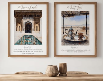 Marrakech Wall Art Set of 2 – Moroccan Mint Tea & Architecture Prints – Travel Poster – Drink Poster – Printable Kitchen Living Room Decor