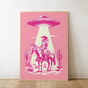 Space Cowgirl Digital Art Print | Cowgirl on Horse with UFO | Western Sci-Fi Wall Decor | Alien Rodeo Printable Poster | Digital Download