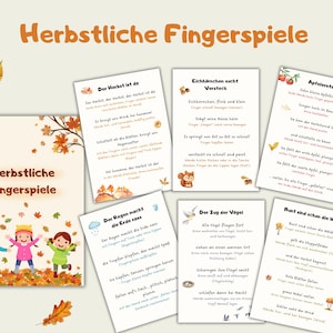 Könnte beinhalten: Eine Sammlung von Lernkarten mit dem Titel "Herbstliche Fingerspiele" in orangefarbener Schrift. Die Karten zeigen herbstliche Illustrationen und Gedichte auf Deutsch, mit Bildern von Kindern, Blättern und Tieren. Das Gesamtthema ist Herbst und frühkindliche Bildung.