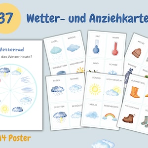 Puede incluir: Un conjunto de 37 tarjetas meteorológicas y de ropa con ilustraciones en acuarela. Incluye una rueda meteorológica, tarjetas para condiciones meteorológicas como lluvia y nieve, y prendas de vestir como un gorro y botas. El texto "Wetter- und Anziehkarten" es visible.