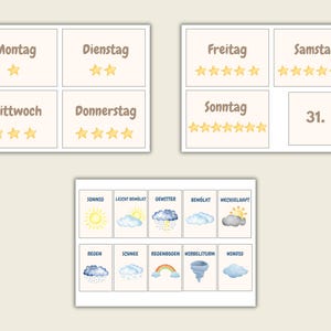 May include: Educational cards featuring German words for days of the week and weather conditions. Each card has a light beige background with text and illustrations. The days of the week are written in brown, and the weather cards show various conditions.