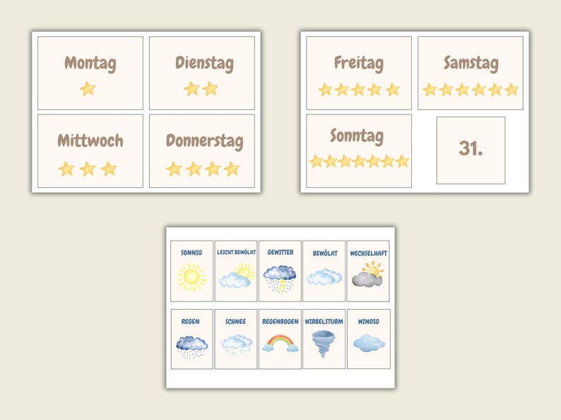May include: Educational cards featuring German words for days of the week and weather conditions. Each card has a light beige background with text and illustrations. The days of the week are written in brown, and the weather cards show various conditions.