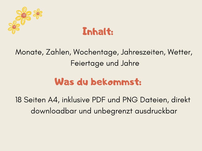 May include: Cream-coloured digital download with German text. The text includes the words "Inhalt" and "Was du bekommst". The image also features yellow and orange flower illustrations.