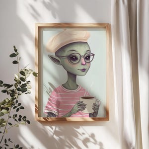Quirky Alien Drinking Coffee | UFU Digital Wall Art | Retro Sci-Fi Printable Poster | Funny Space Illustration | Instant Download
