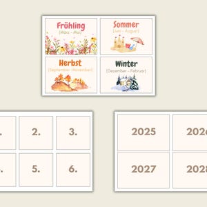 May include: A calendar featuring watercolour illustrations representing the four seasons: Spring, Summer, Autumn, and Winter. The calendar also includes boxes for the years 2025, 2026, 2027, and 2028, and blank boxes for other dates.