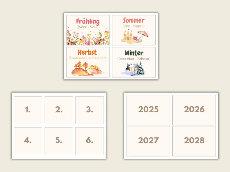 May include: A calendar featuring watercolour illustrations representing the four seasons: Spring, Summer, Autumn, and Winter. The calendar also includes boxes for the years 2025, 2026, 2027, and 2028, and blank boxes for other dates.