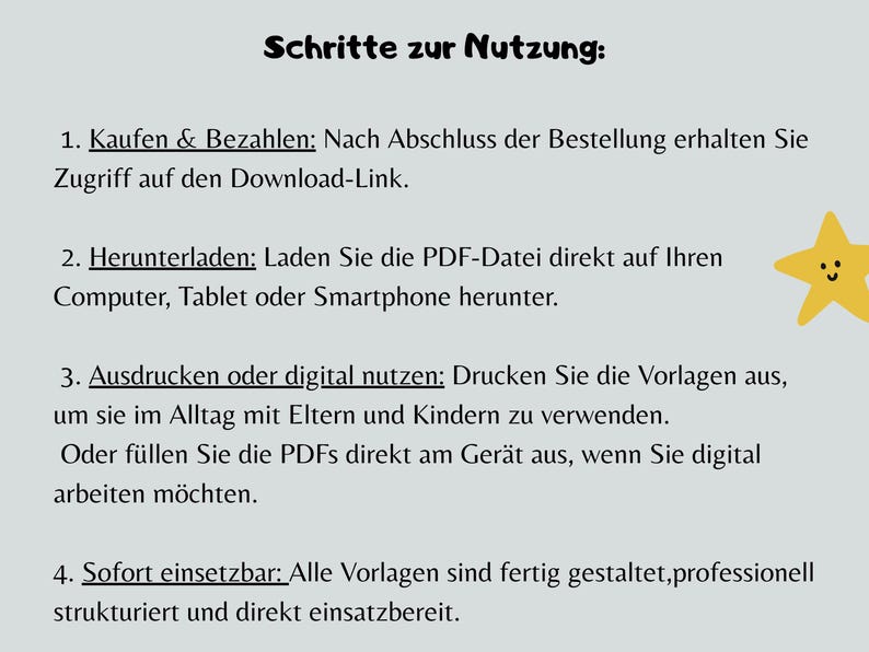 Pu&ograve; includere: Sfondo grigio chiaro con testo nero che descrive i passaggi per l'uso. Il testo include istruzioni su download, stampa e uso digitale. Una stella gialla con una faccia sorridente si trova nell'angolo in alto a destra.