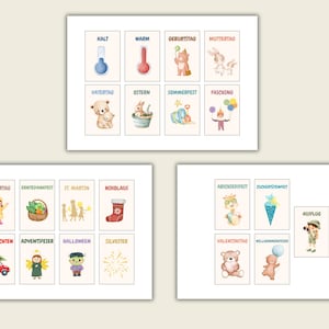 May include: A set of illustrated cards with German text and seasonal themes. The cards feature watercolor images of a thermometer, animals, and holiday symbols. Words like "Ostern" and "Halloween" are visible.