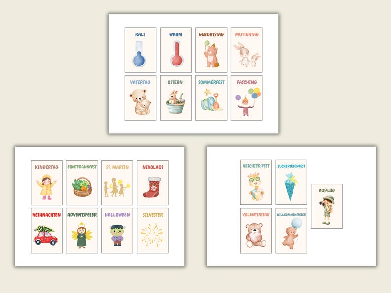 May include: A set of illustrated cards with German text and seasonal themes. The cards feature watercolor images of a thermometer, animals, and holiday symbols. Words like "Ostern" and "Halloween" are visible.