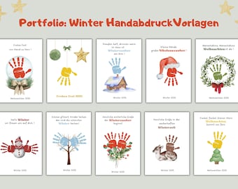 10er Set Handabdruck-Vorlagen Winter & Weihnachten – Bastelvorlagen Kinder Kita Kindergarten und Zuhause DIY Weihnachtsdeko Handprint Crafts