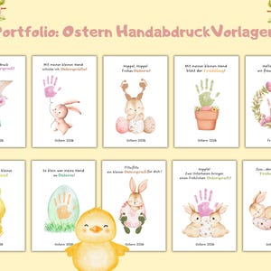 May include: A collection of Easter-themed art prints featuring handprints, bunnies, chicks, and eggs. Each print includes text in German, with phrases like "Happy Easter" and "Spring". The prints are decorated with watercolor illustrations and floral accents.