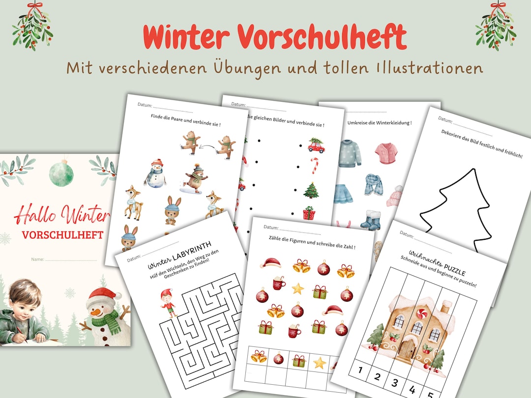 Winter-Vorschulheft für Kinder: Malbilder,Übungen,Posterdruck, Rätsel