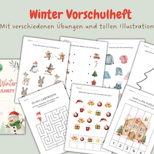 Pode incluir: Um conjunto de páginas de atividades pré-escolares com tema de inverno. As páginas apresentam ilustrações de cenas de inverno, animais e objetos de férias. A capa do livro diz "Hallo Winter Vorschulheft". As páginas incluem labirintos, jogos de correspondência e exercícios de contagem.