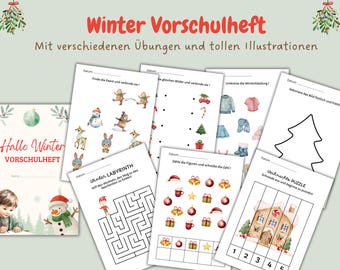 Winter-Vorschulheft für Kinder: Malbilder, Übungen,Poster Prints, Puzzles & kreative Bild-Dekorationen auf A4, PDF, Kindergarten, Vorschule