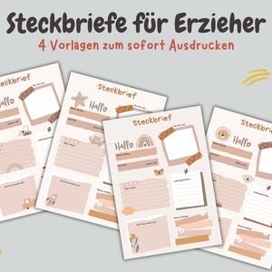 Puede incluir: Cuatro hojas de trabajo imprimibles con el texto "Steckbriefe für Erzieher" y "4 Vorlagen zum sofort Ausdrucken". Cada hoja de trabajo tiene un marco de fotos, la palabra "Hallo" y espacio para información. Las hojas de trabajo tienen un fondo beige con acentos marrones y naranjas.