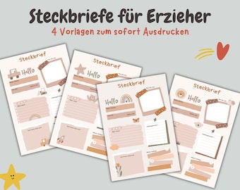 4 Steckbriefe für Erzieher - Steckbrief Kita - Vorlage Erzieher Krippe - Steckbrief Krippe - Portfolio Kindergarten - Vorlage für Erzieher
