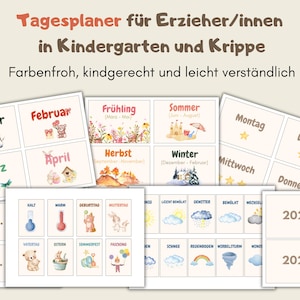 May include: A collection of colorful educational cards with German text, including months, seasons, and weather symbols. The cards feature illustrations of seasonal themes and are designed for kindergarten and childcare settings.
