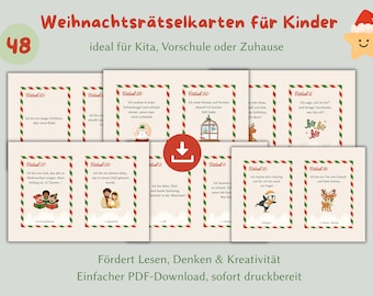 Op de afbeelding: Een verzameling kerstpuzzelkaarten voor kinderen, met feestelijke illustraties en tekst. De kaarten hebben rode en groene randen en zijn ontworpen voor gebruik thuis of op de kleuterschool. De afbeelding bevat het nummer 48 en de tekst "Kerstpuzzelkaarten voor kinderen".