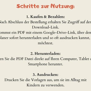 May include: A beige background with German text detailing the steps for using a digital planner. The text is in a handwritten style and includes instructions for purchase, download, and printing. A decorative banner with a heart is in the upper left corner.