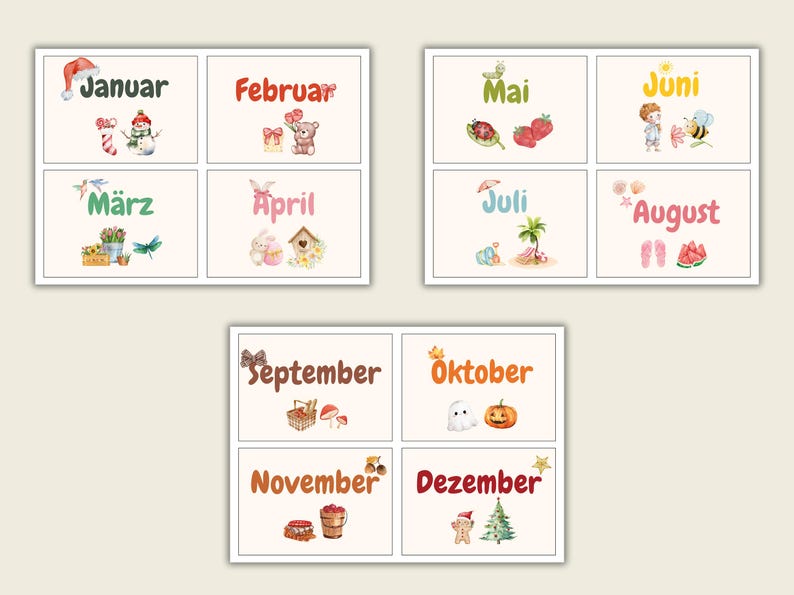 May include: A collection of illustrated cards displaying the months of the year in German. Each card features a month's name alongside seasonal illustrations, including a snowman for January and a pumpkin for October. The cards are arranged in a grid.