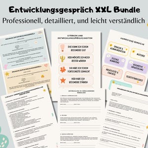 Könnte beinhalten: Ein Bündel von Bildungsdokumenten mit dem Text "Entwicklungsgespräch XXL Bundle" und "Professionell, detailliert, und leicht verständlich". Die Dokumente umfassen Formulare, Checklisten und Etiketten mit verschiedenen Themen und Illustrationen.