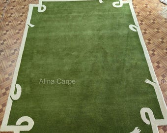 Hand Tufted Olive Green Wool Rug with Cream Abstract Border – Modern Artistic Area Carpet for Living Room, Bedroom Large Area Rug 8x10 Feet