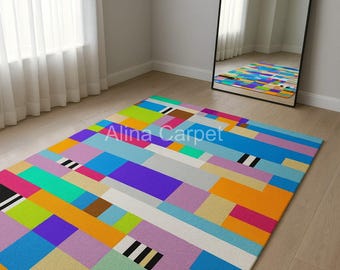 Hand Tufted Wool Area Rug – Modern Multicolor Geometric Carpet, 5x8 Ft