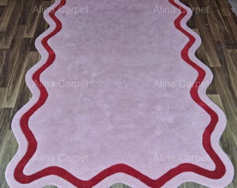 Blush Pink Scalloped Wool Rug, Wavy Border Area Rug, Nordic Minimalist Living Room