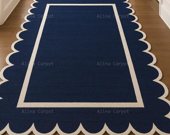 Navy Blue Scalloped Hand Tufted Wool Runner Rug, Custom Hallway Runner, Modern Border Area Rug, Luxury Entryway Rug