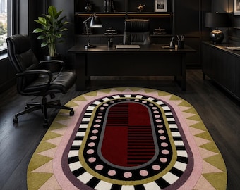 Moderner Handgetufteter Wollteppich Oval: Multicolor Geometrisch Mid-Century Modern
