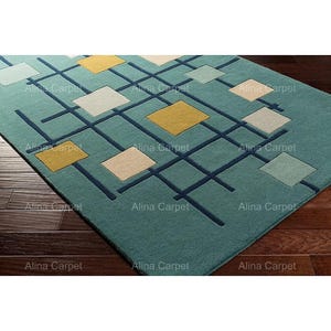Mid-Century Modern Wool Area Rug: Teal Blue Grid, Retro Color Blocks